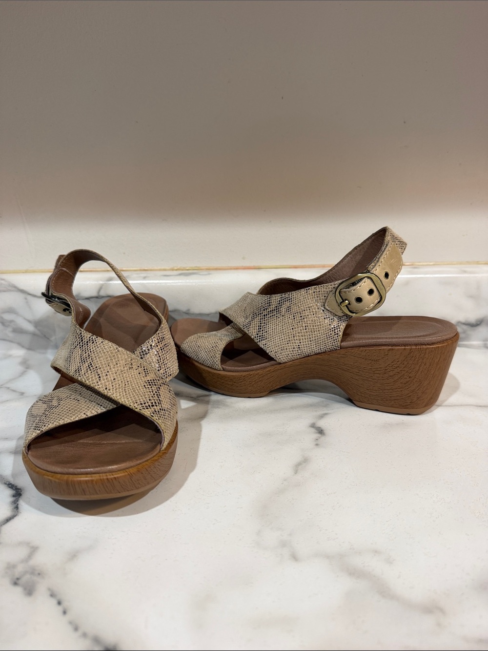 Dansko Beige Snake-Print Wedge Sandals